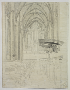 28954 Interieur van de St.-Joriskerk (Hof 1) te Amersfoort: middenschip, met rechts de preekstoel en op de achtergrond ...